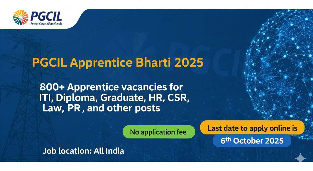 PGCIL अप्रेंटिस भरती 2025, पॉवर ग्रिड कॉर्पोरेशन ऑफ इंडिया, 800+ अप्रेंटिस पदांची मेगाभरती, ITI, डिप्लोमा, पदवीधरांसाठी नोकरीची संधी, शेवटची तारीख 06 ऑक्टोबर 2025, अर्ज पद्धत ऑनलाइन, फी नाही, नोकरी ठिकाण संपूर्ण भारत