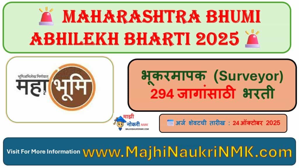 Marathi government recruitment notification for the Surveyor (भूकरमापक) post in the DDLR/Bhumi Abhilekh Maharashtra 2025 drive. The images detail the 294 vacancies for the Chhatrapati Sambhajinagar division, the Civil Engineering Diploma/ITI qualification requirement, and the exam schedule (October-November 2025). The third image contains a comprehensive reservation table for the posts.