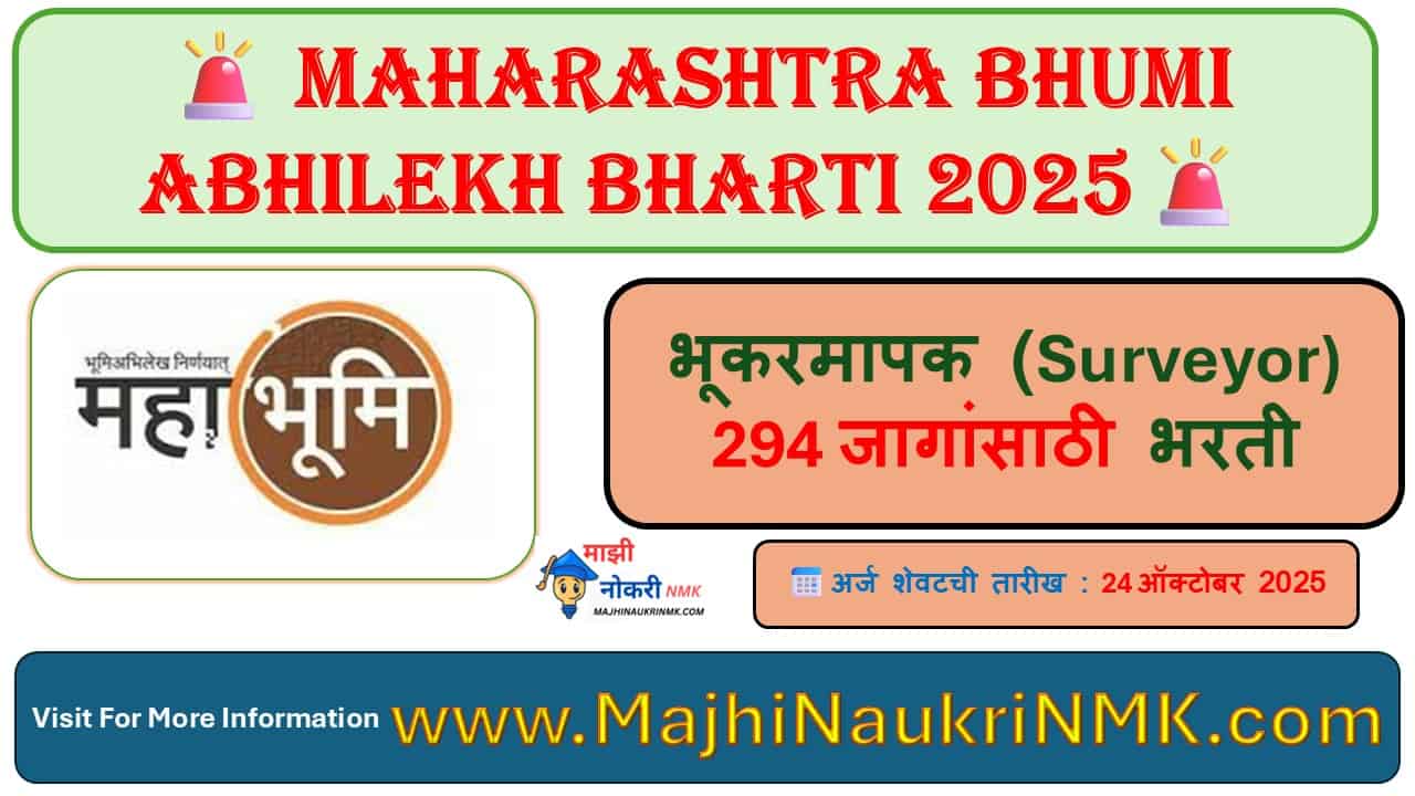 Marathi government recruitment notification for the Surveyor (भूकरमापक) post in the DDLR/Bhumi Abhilekh Maharashtra 2025 drive. The images detail the 294 vacancies for the Chhatrapati Sambhajinagar division, the Civil Engineering Diploma/ITI qualification requirement, and the exam schedule (October-November 2025). The third image contains a comprehensive reservation table for the posts.